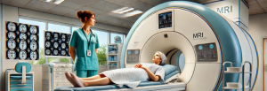 Cena realista em uma sala de ressonância magnética, mostrando uma paciente deitada no aparelho e um profissional de saúde ao lado, transmitindo cuidado e tecnologia médica avançada.