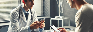 Um médico em um consultório, vestido com jaleco branco, conversando com um paciente. Ambos estão usando celulares, revisando informações de um pedido médico online.