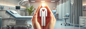 Imagem realista representando a segurança do paciente, com mãos sobrepostas protegendo uma figura estilizada em um cenário hospitalar. Ilustra a importância do cuidado e da proteção no ambiente de saúde, ideal para otimizar conteúdos relacionados à segurança do paciente.
